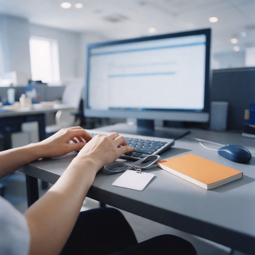Hands typing on a keyboard at a grey desk, a blank white badge on a lanyard and an orange notebook lying in front of the monitor.