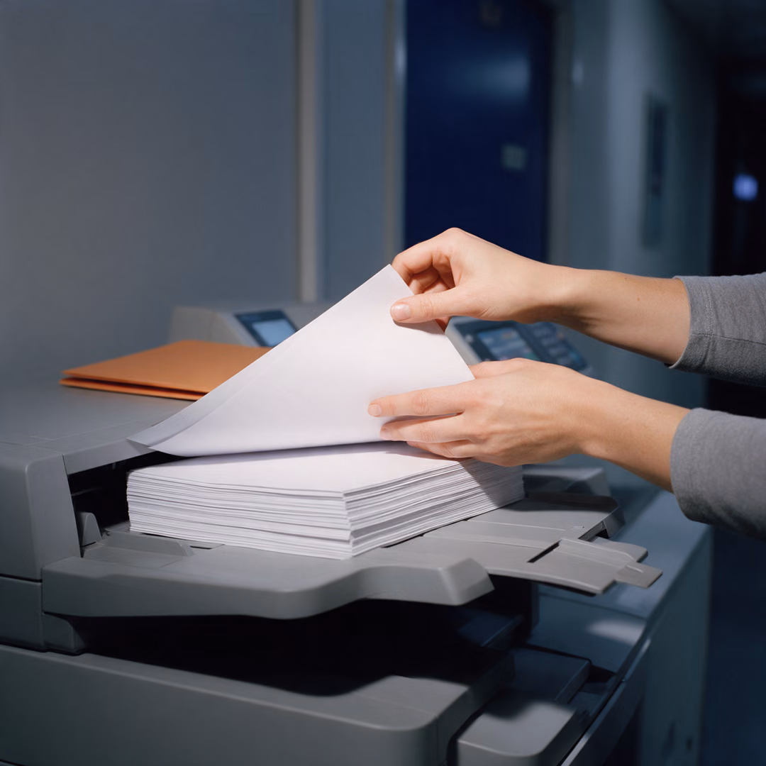 Hands lift the top sheet from a stack of paper in the output tray of an office printer, an orange folder resting on the machine.