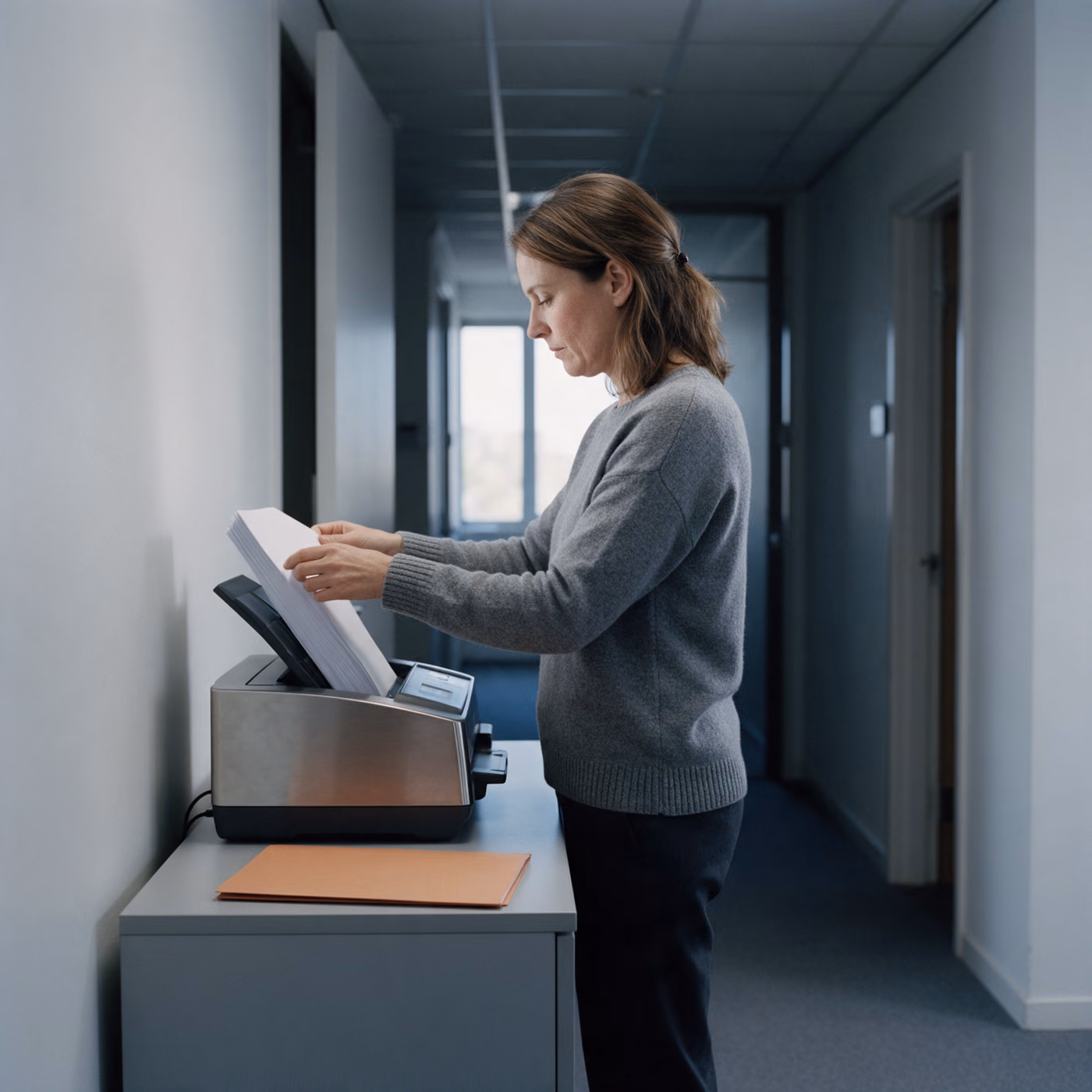 A woman in a grey jumper feeds a stack of paper into a document scanner on a cabinet in an office corridor, an orange folder beside it.