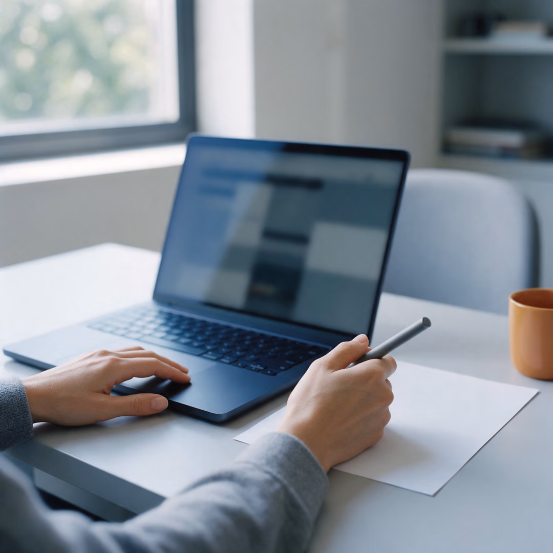Hands at a laptop by a window, one on the trackpad and one holding a pen over a single blank sheet, an orange mug at the edge of the desk.