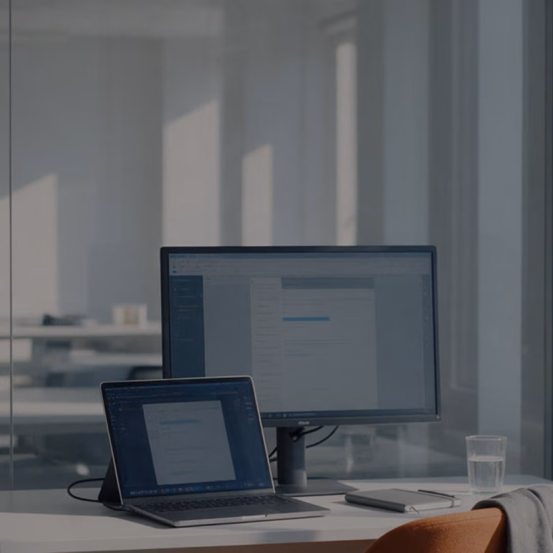 An empty focus room seen through glass with a running monitor and laptop on a white desk, a glass of water and a jacket on a chair.