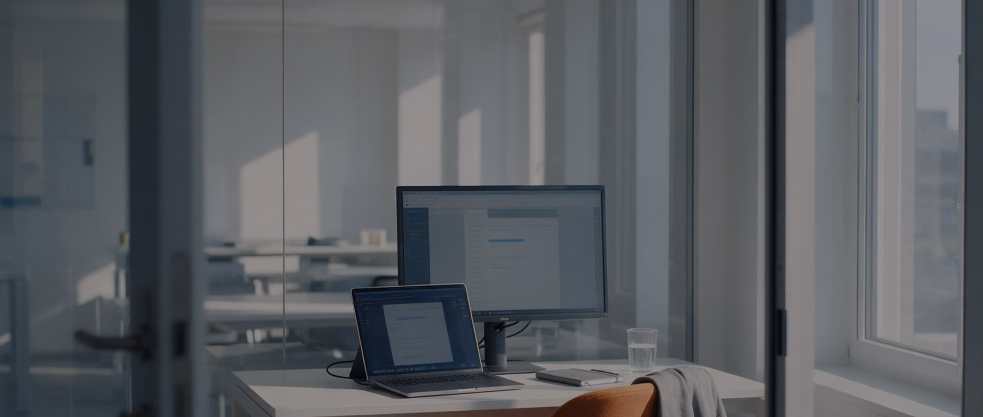 An empty glass-walled focus room, a laptop and a monitor left awake on the desk, an orange chair with a jacket over its back pushed in beneath.