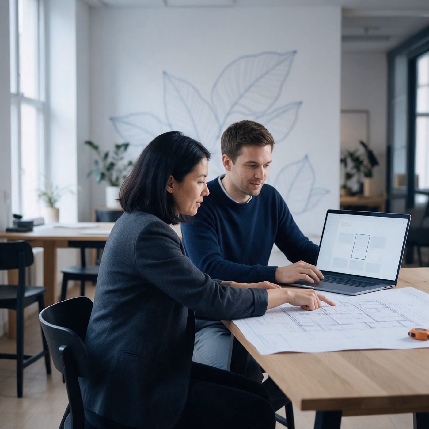 A client sales lead points at a detail on a printed construction plan while a consultant beside her checks a quotation on his laptop, an orange tape measure on the plan.