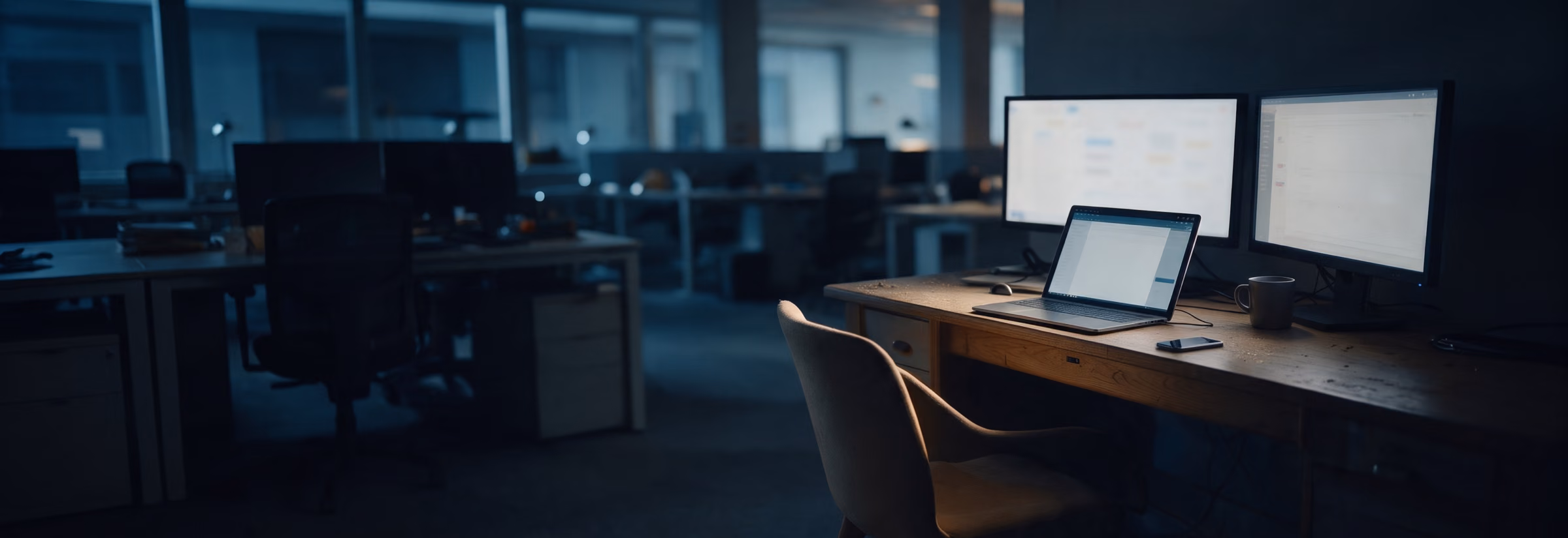 An empty desk after dark, a monitor and a docked laptop still awake, the chair pushed aside.