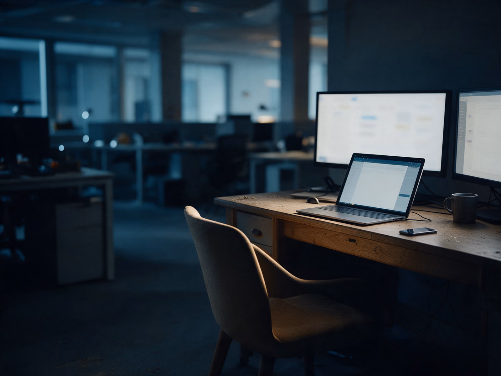 An empty chair pushed away from a desk after dark, two monitors and a docked laptop still awake in an otherwise empty open office.