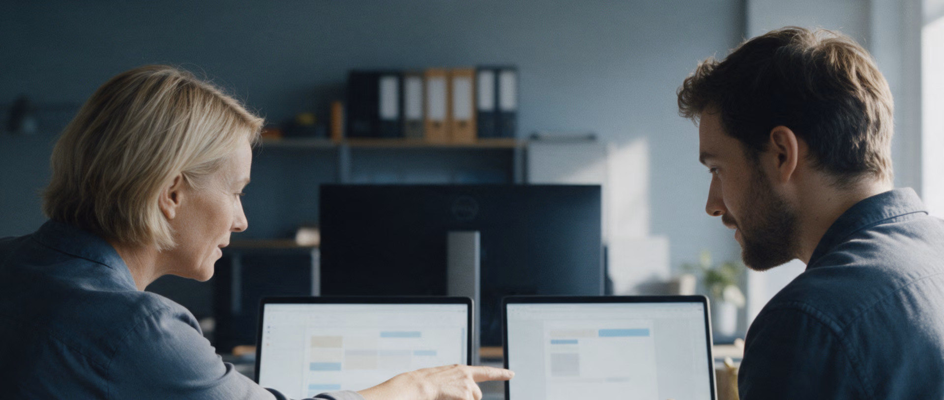 Two colleagues at a shared desk turn their laptops inward so both screens stand side by side, one pointing from one screen across to the other.