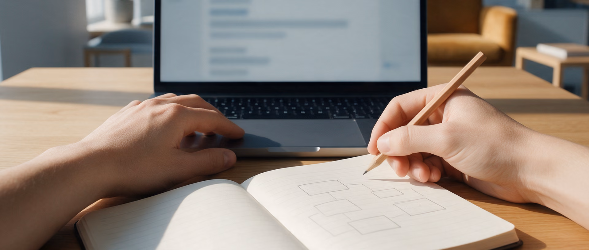 A close view of two hands at a desk, one on a laptop trackpad, the other holding a pencil over a notebook of hand-drawn boxes and connecting lines.