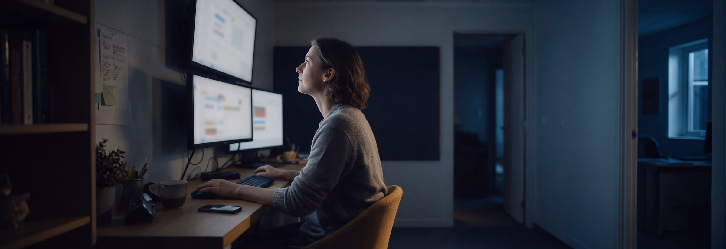 A woman at her desk looking up at large wall-mounted monitors.