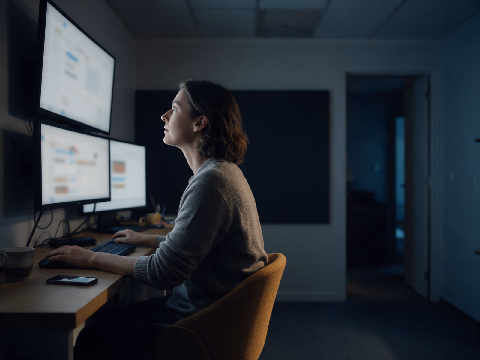 A woman sits in an operations room after hours looking up at a bank of three wall-mounted monitors, one hand on a mouse, a phone beside her.