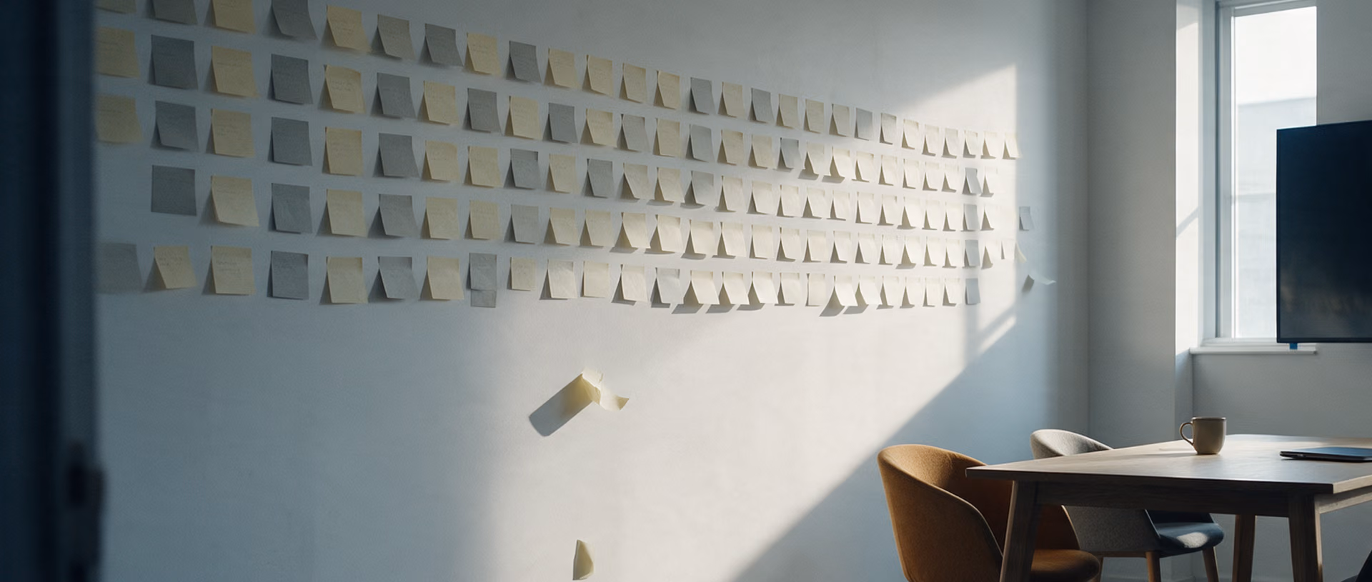 An empty project room with rows of blank sticky notes on the wall, several fallen to the floor, a dark wall screen and chairs pushed back from the table.