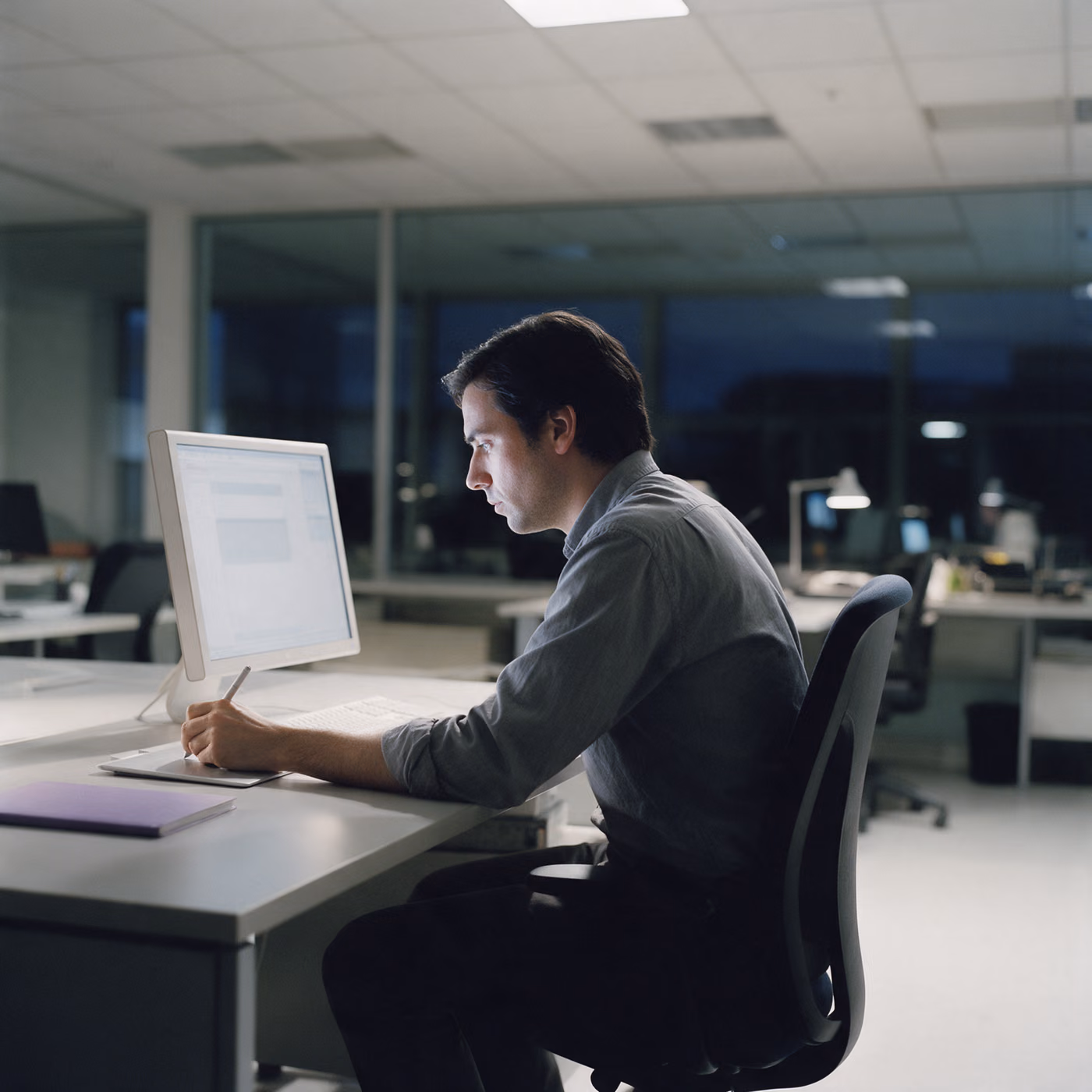 Ein Mann sitzt abends an einem Schreibtisch im Büro, die Hand mit dem Stift auf einem kleinen Stifttablett neben der Tastatur, und blickt auf den Monitor vor ihm, auf dem Tisch liegt ein violettes Notizbuch.