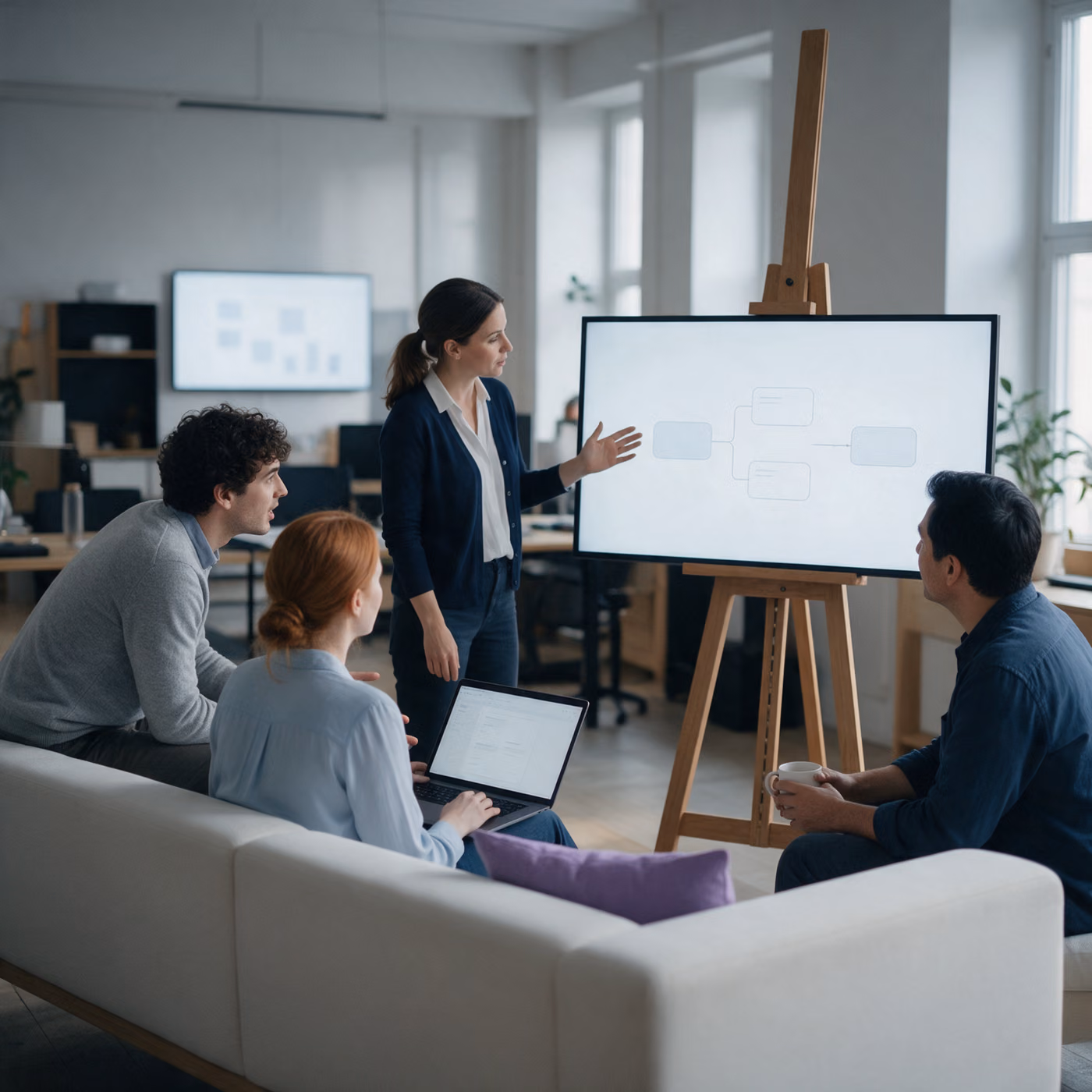 A woman stands beside a screen on a wooden easel and walks three colleagues on a white sofa through a simple process flow, one of them with a laptop on her knees, a violet cushion beside her.