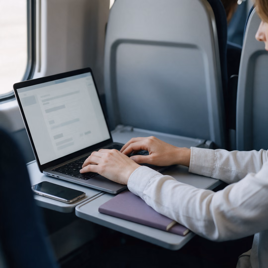 Hands typing on a laptop on a train seat table, a phone and a notebook lying beside it.