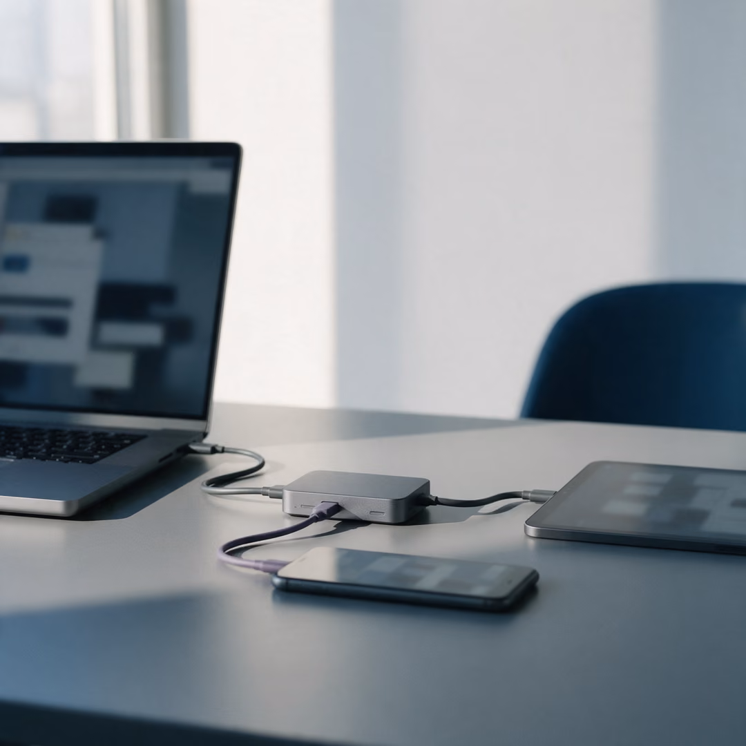 A laptop, a tablet and a phone connected to a small dock on a grey desk by daylight.