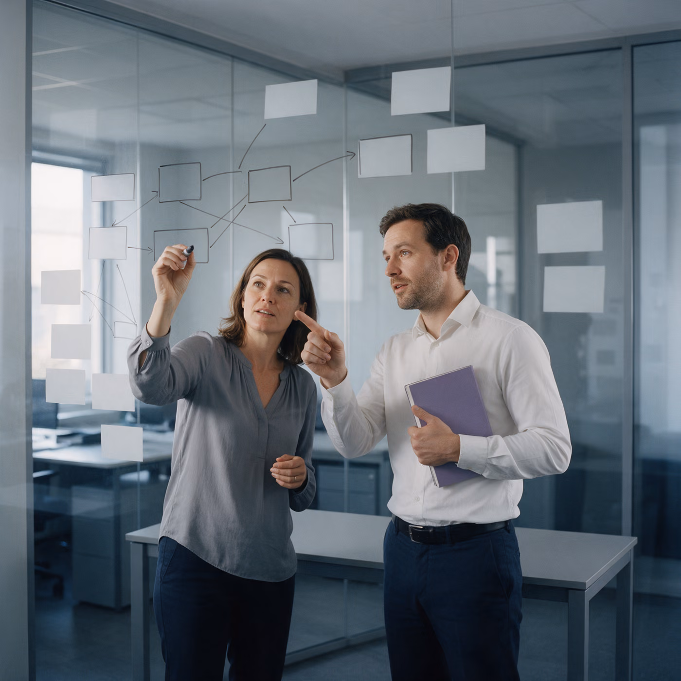 Two colleagues at a glass wall, one drawing lines between blank rectangles, the other pointing at a block while holding a notebook.