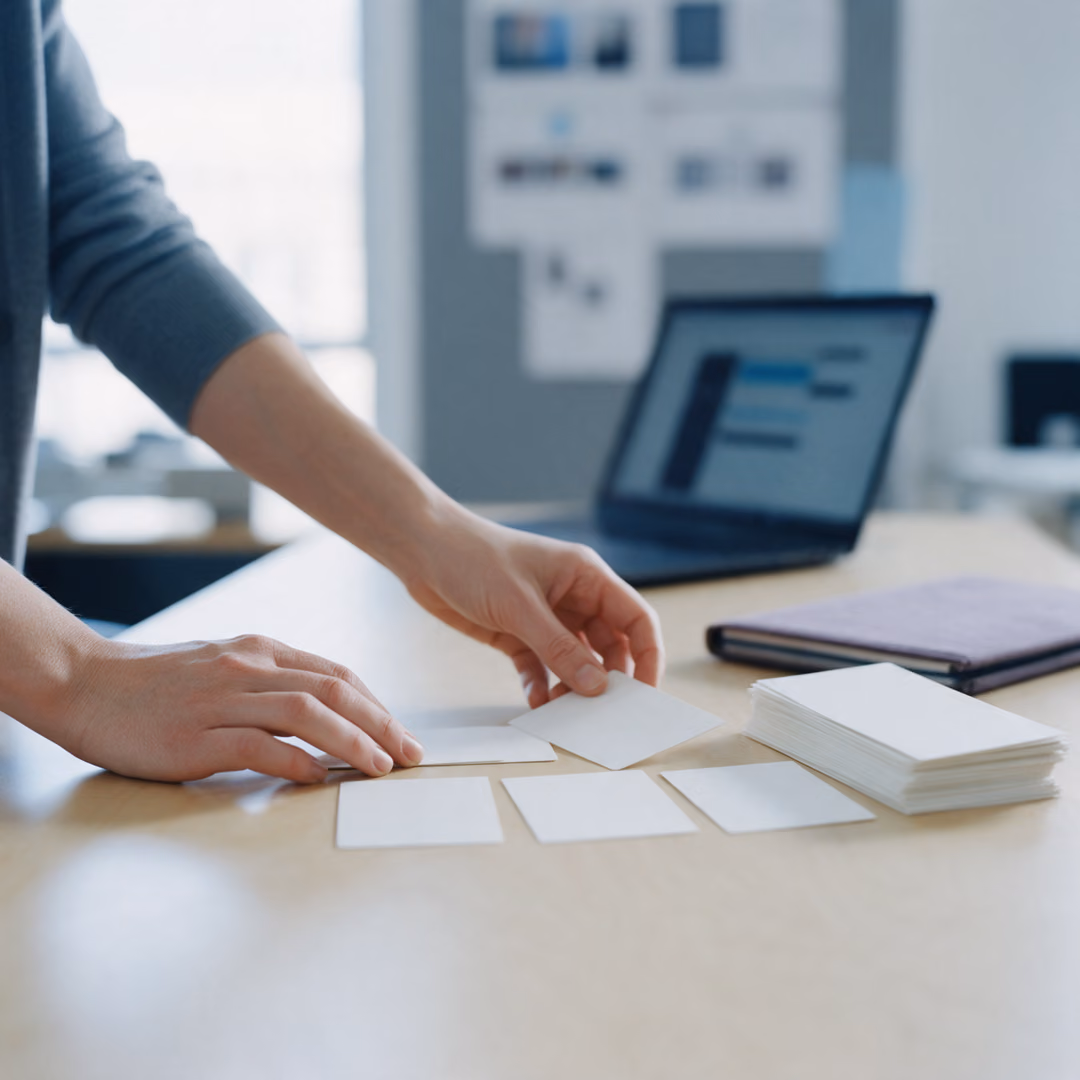 Two hands lay three blank cards in a short row on a pale table while a larger stack of cards waits at the edge beside a violet notebook, a laptop out of focus behind.