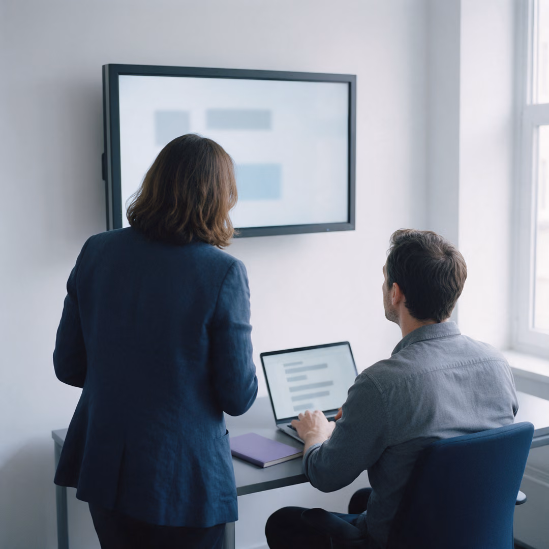 Two colleagues seen from behind, one standing at a wall monitor with large blurred blocks, the other seated at a laptop with small blurred bars.