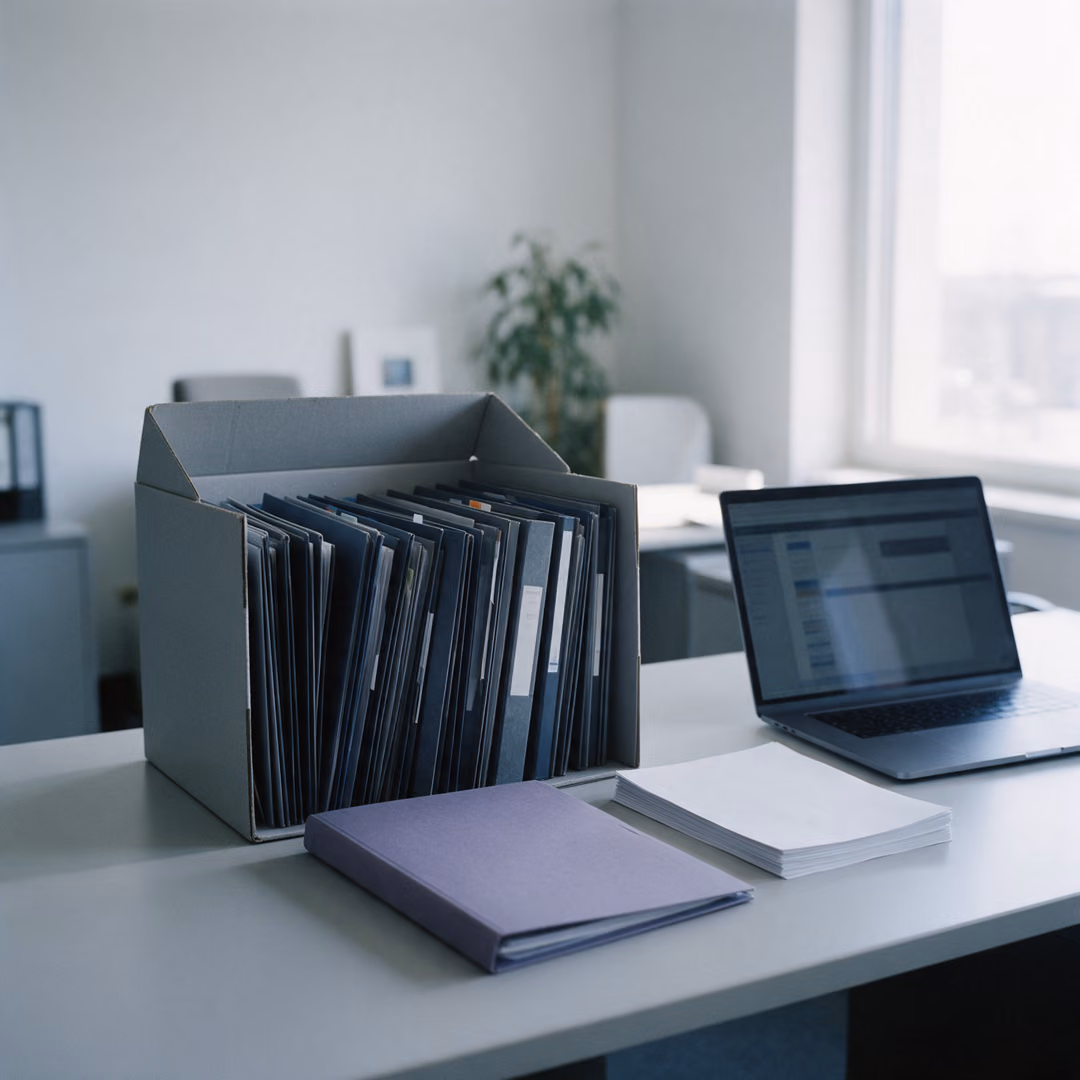 An open archive box of folders on a desk beside a laptop, one folder and a stack of paper lying in front of it.