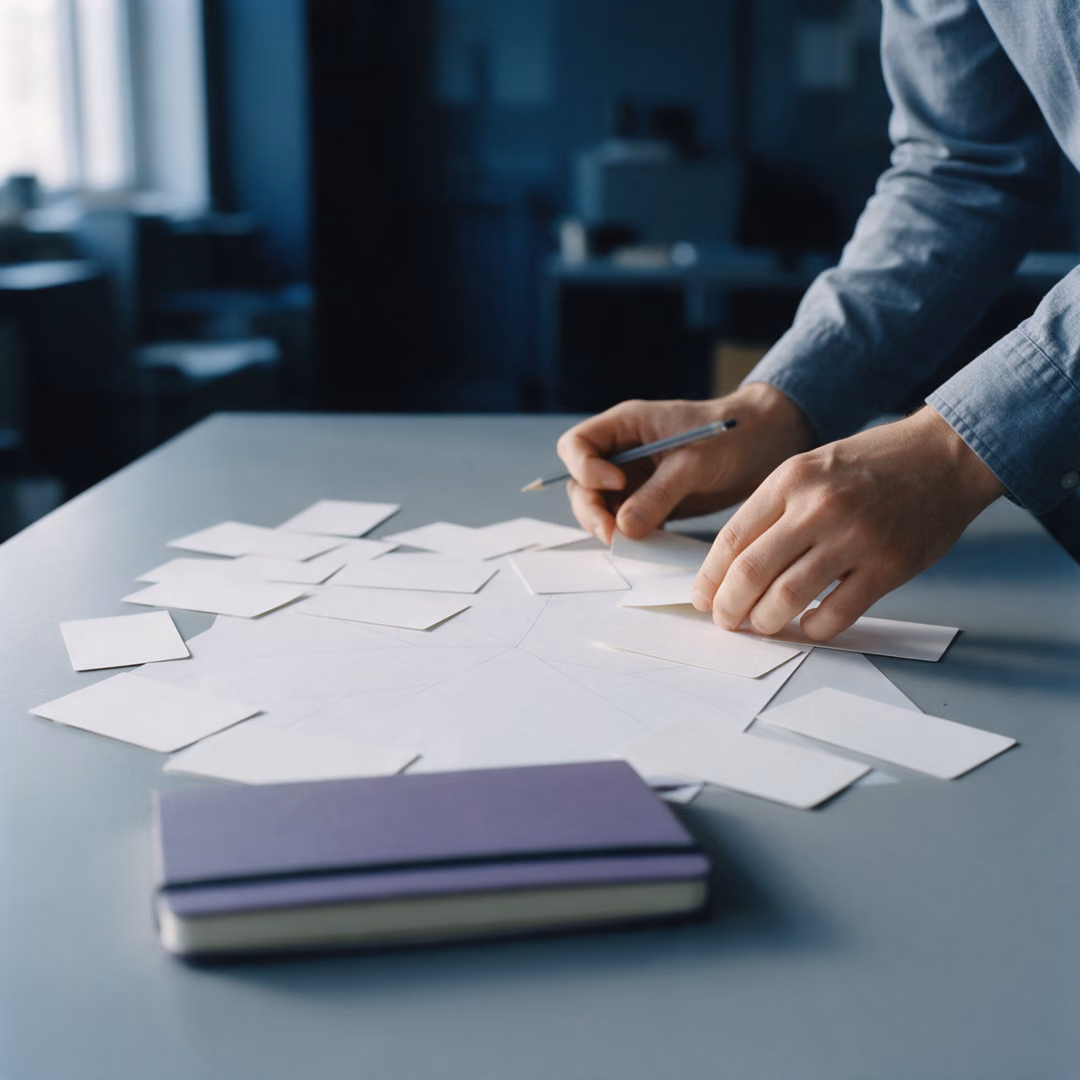 Hands arranging blank white cards on a grey table next to a closed notebook.