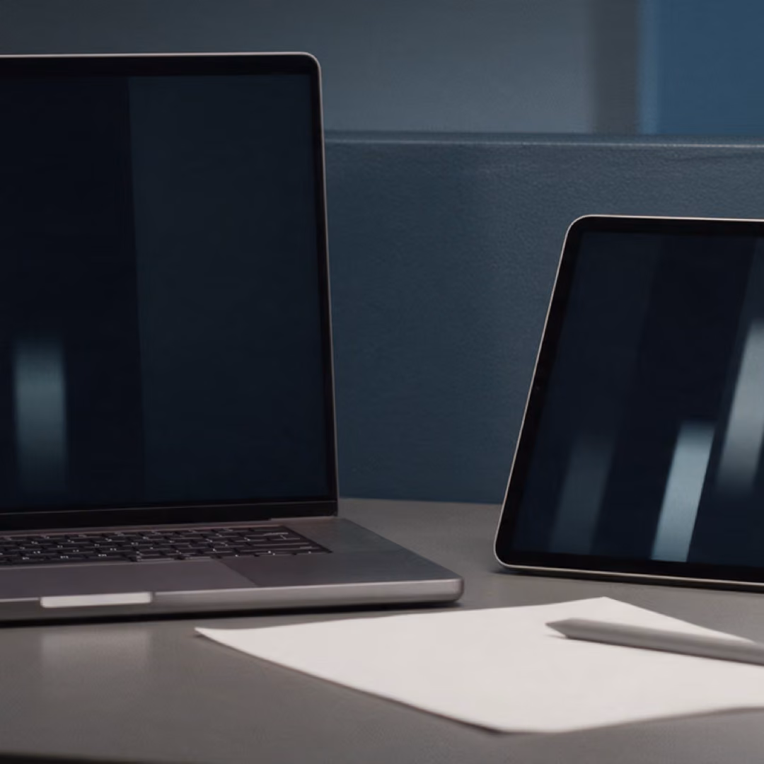 A laptop and a tablet side by side on a desk, each screen showing a different set of blurred bars.