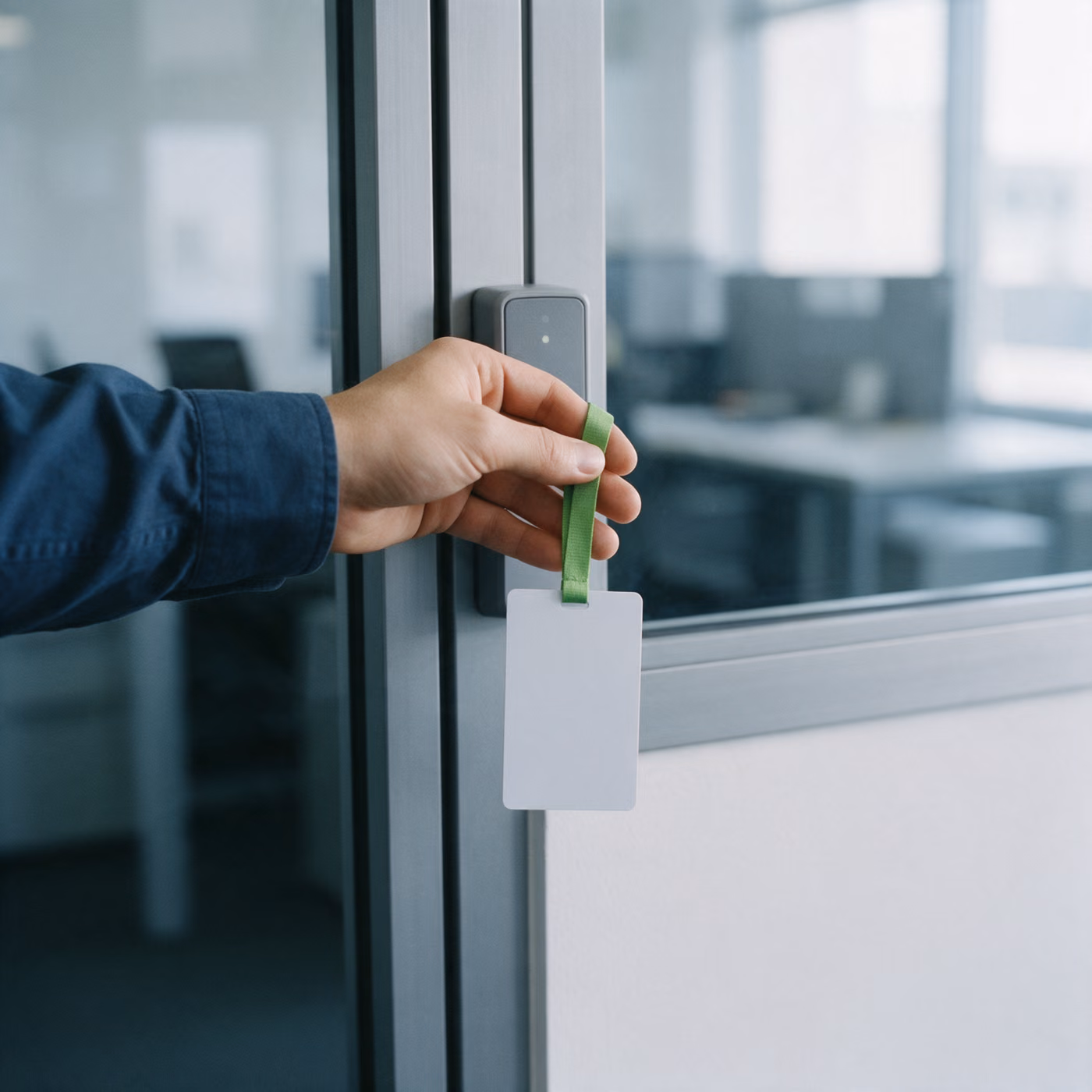 A hand holds a white access card on a green lanyard up to a card reader beside a glass office door.