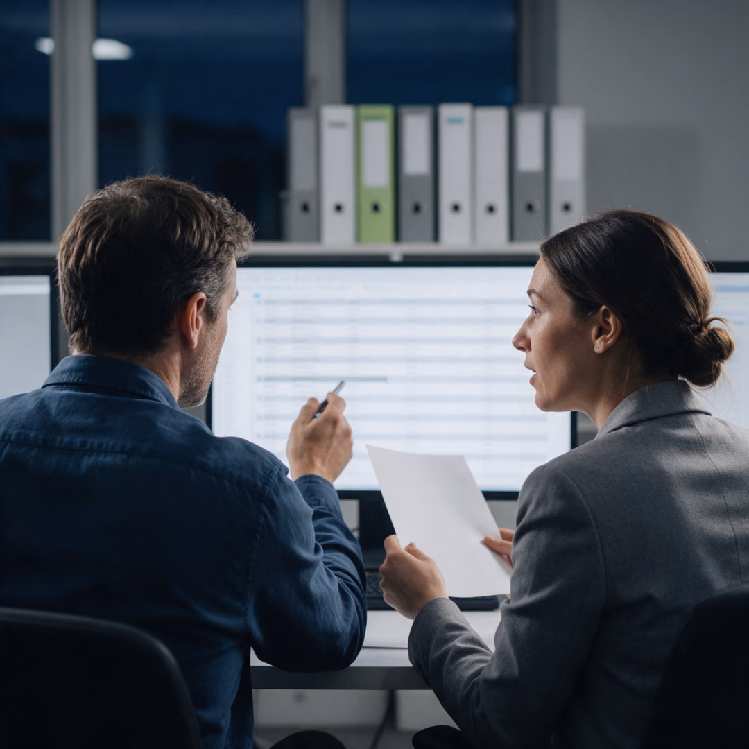 Two colleagues seen from behind review a long list on a monitor, one pointing with a pen, the other holding a sheet of paper.