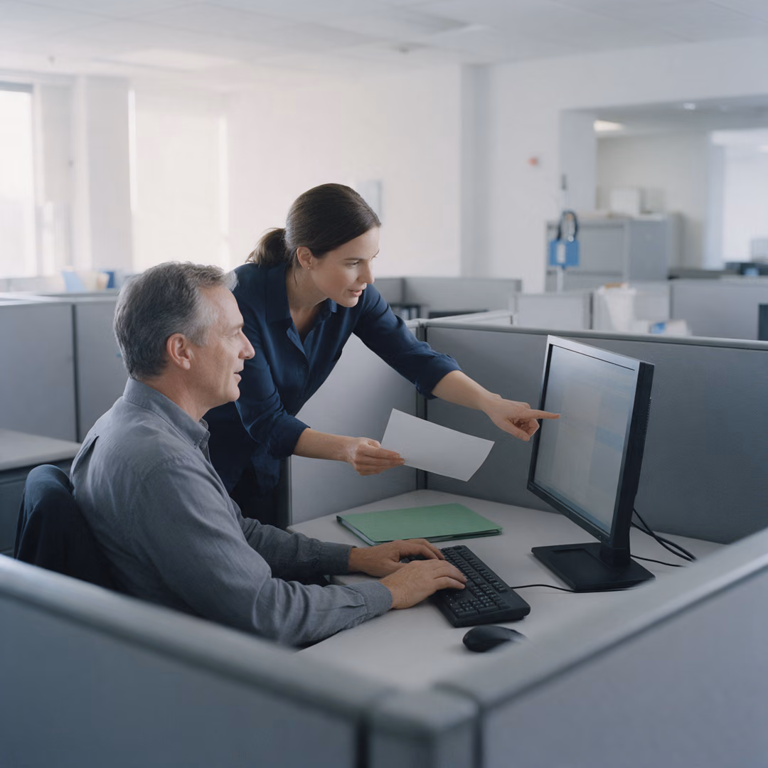 Eine Frau mit einem ausgedruckten Blatt in der Hand zeigt auf einen Monitor, während ein sitzender Kollege die Hände auf der Tastatur behält, auf dem Schreibtisch liegt eine grüne Mappe.