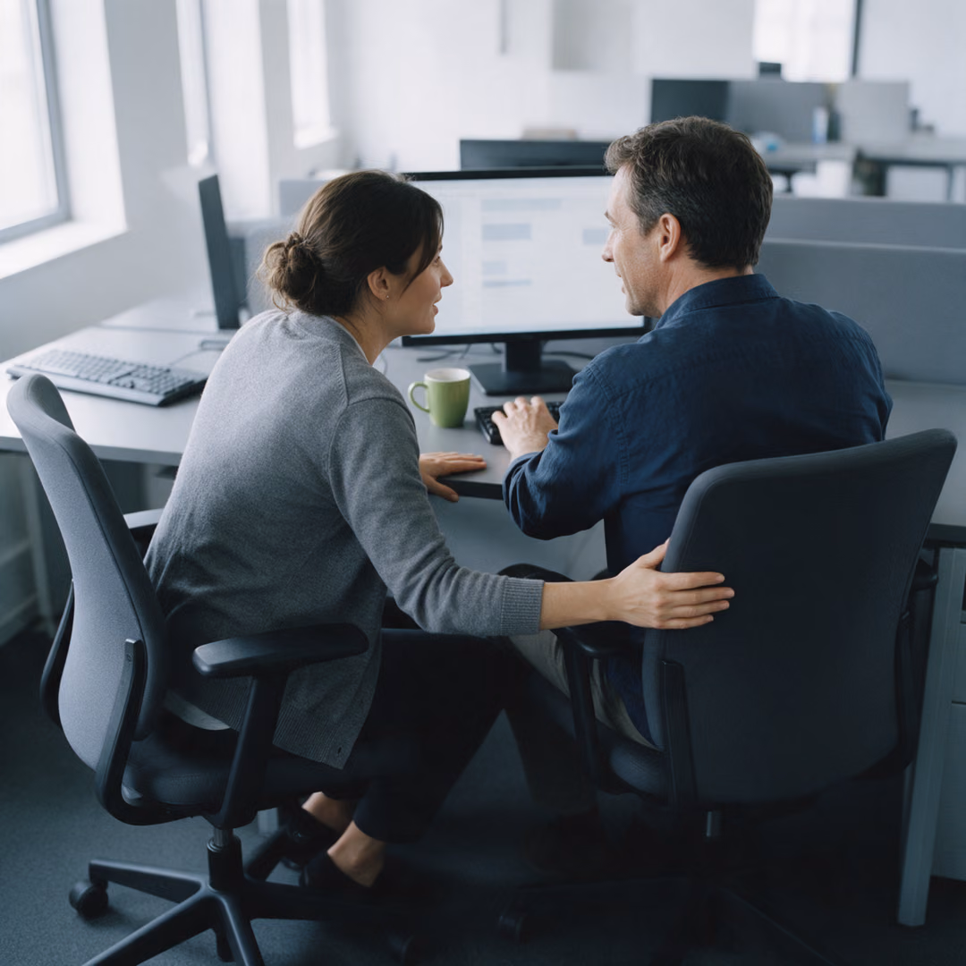 Eine Frau, die ihren Stuhl vom Nachbartisch herübergerollt hat, sitzt neben einem Kollegen und spricht mit ihm an seinem Monitor, neben der Tastatur steht ein grüner Becher.