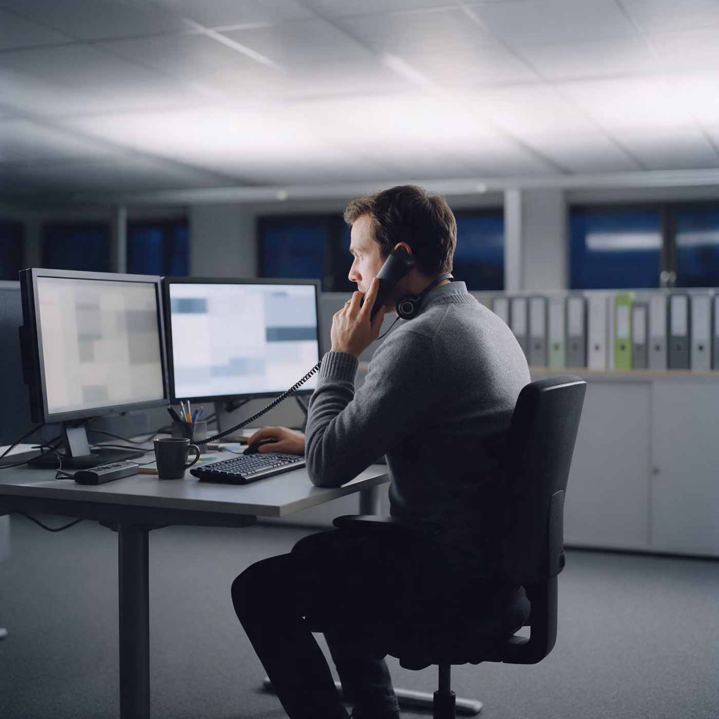 A man sits at a desk with two monitors in an office at night, speaking on a desk phone, a row of binders on the shelf behind him.