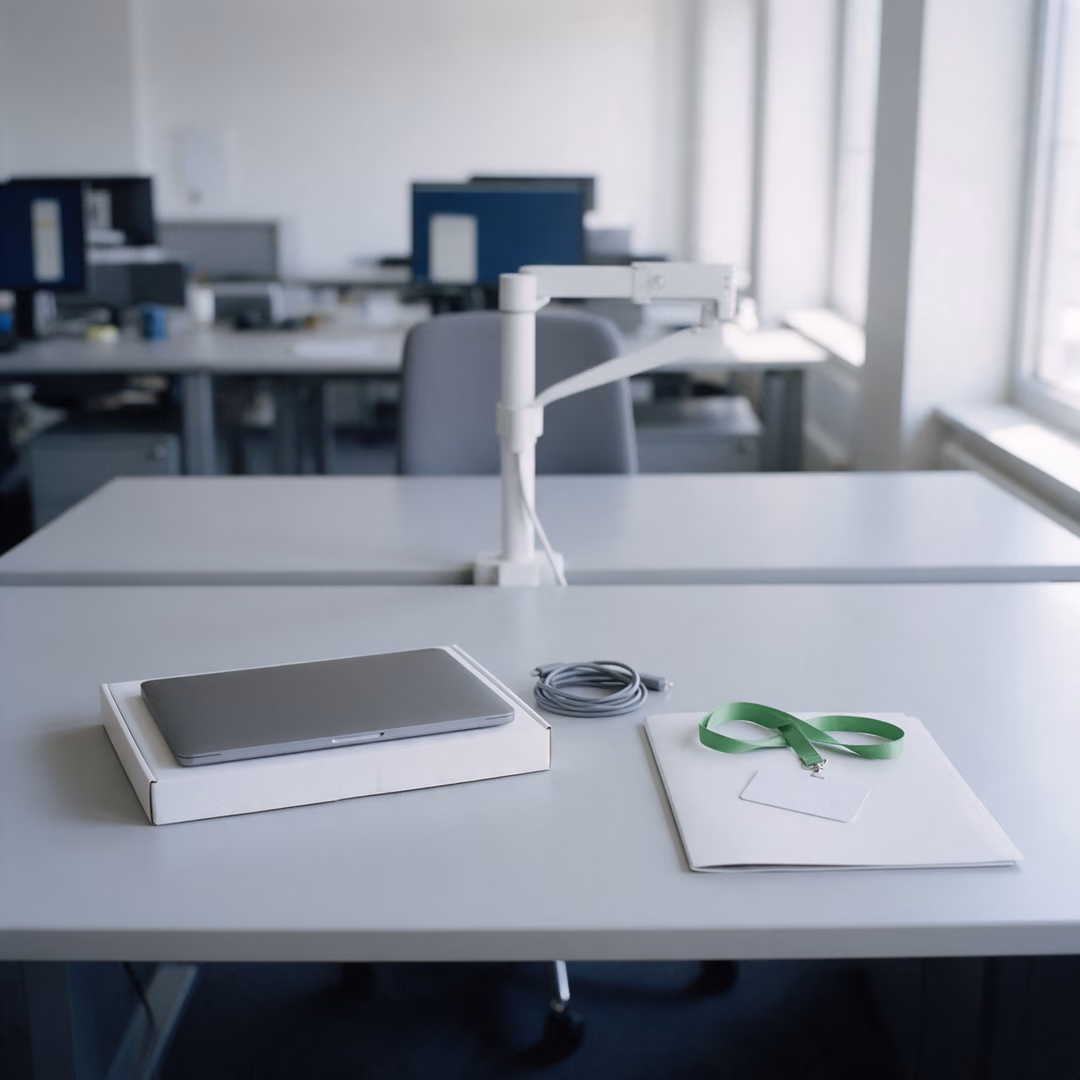 A desk prepared for a new employee with a boxed laptop, a coiled charger cable, a plain folder and an access card on a green lanyard.