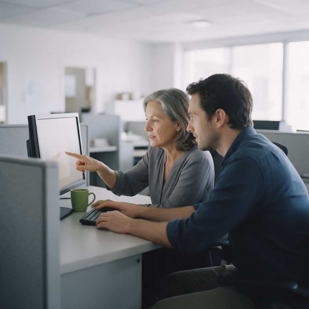 A woman points at her monitor while a younger colleague sits beside her at the desk, a green mug next to the keyboard.