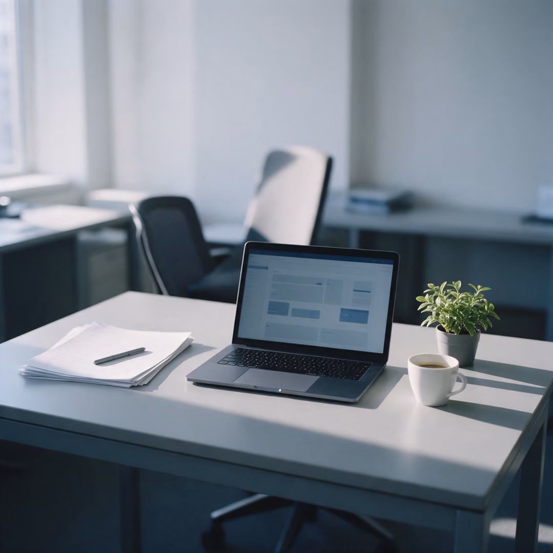 An empty desk with an open laptop showing a blurred dashboard, a stack of blank sheets with a pen, a coffee cup and a small potted plant.