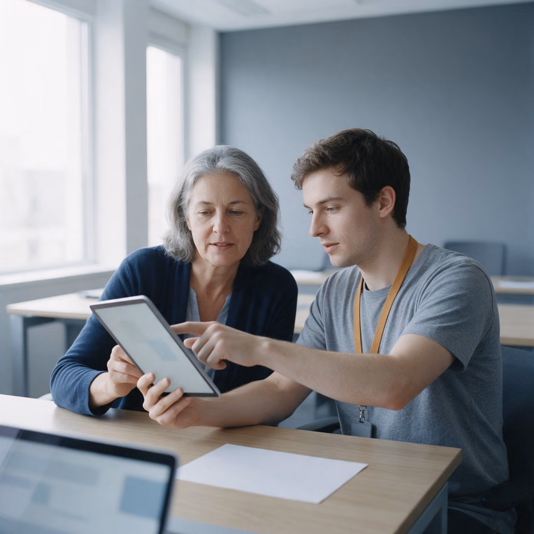 A woman holds a tablet towards a younger colleague sitting beside her at a desk while he points at the screen, daylight from a window at the left.