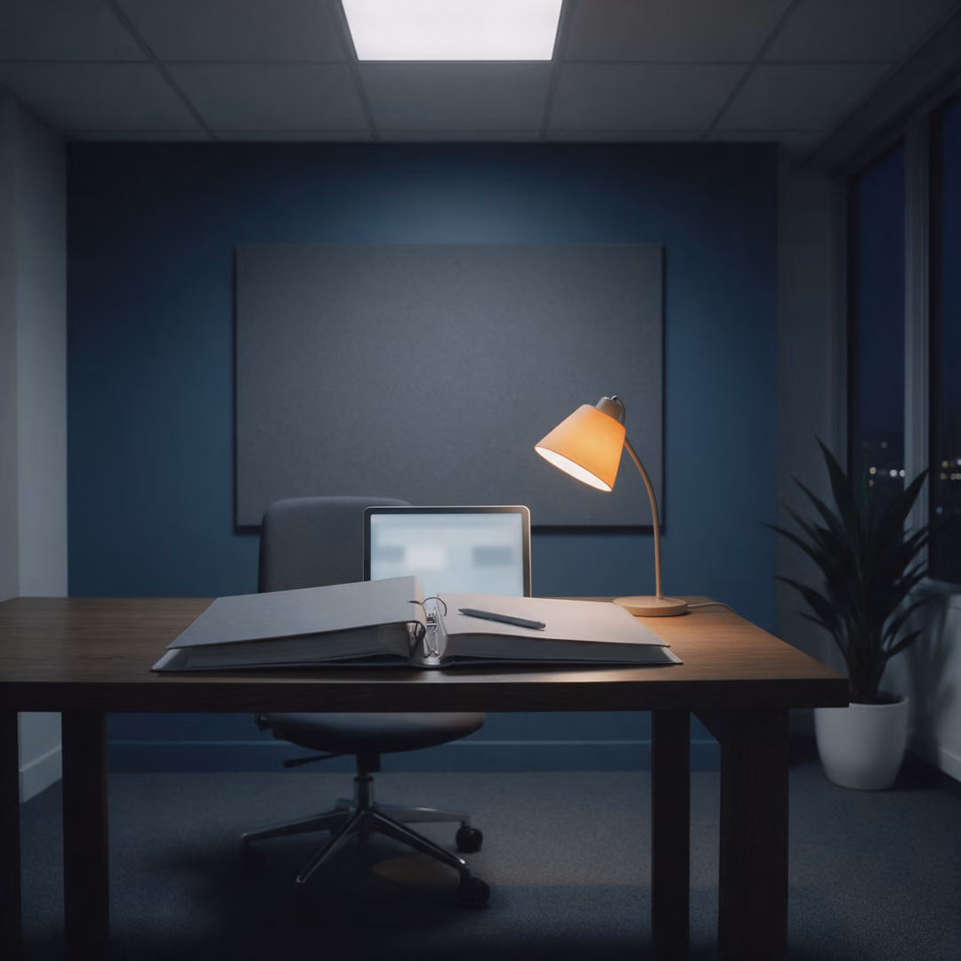 An empty desk after dark with an open ring binder, a pen, a tablet and a small lit desk lamp, the chair pushed in.