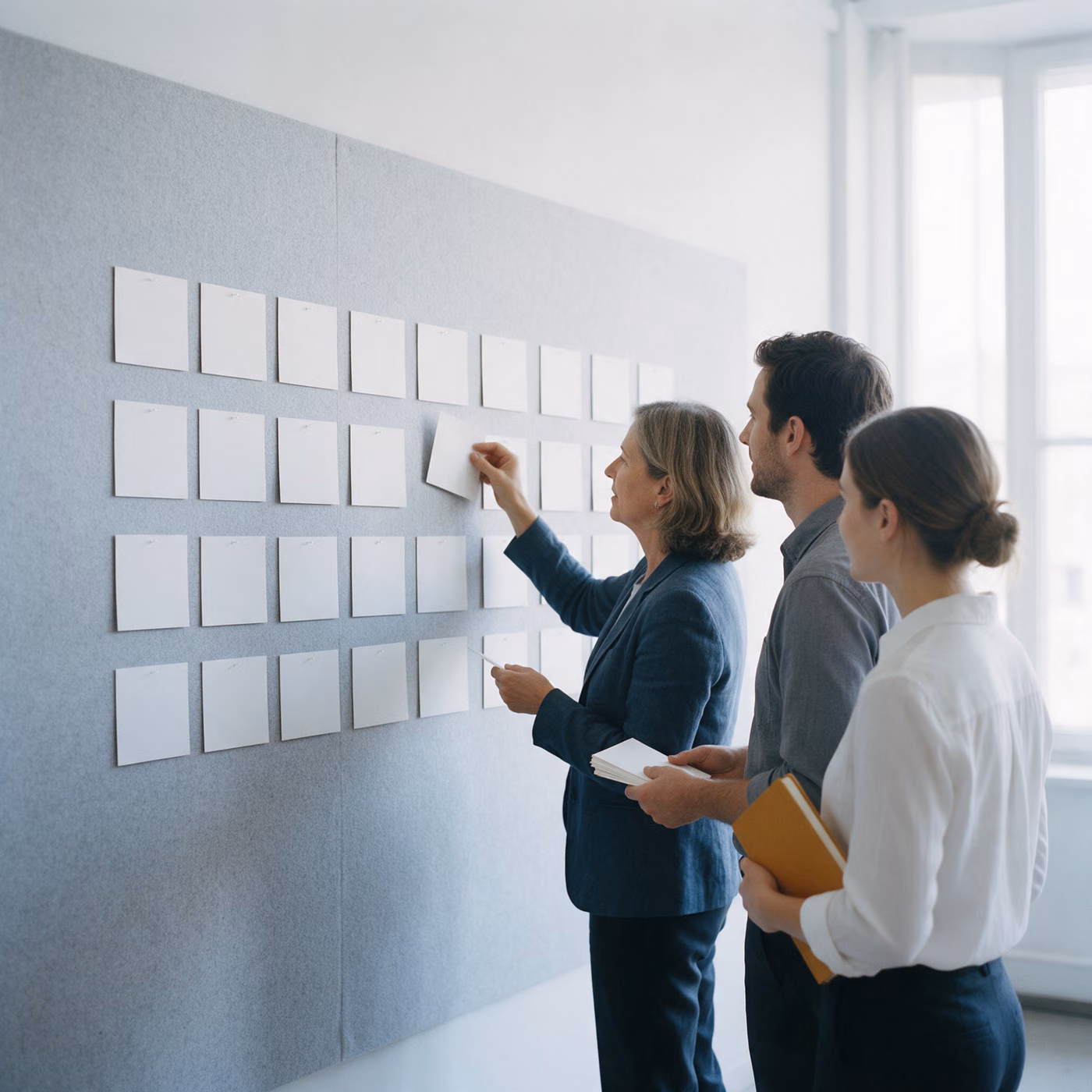 Three colleagues stand at a grey felt wall covered with a grid of blank white cards while one of them places a card into a gap.
