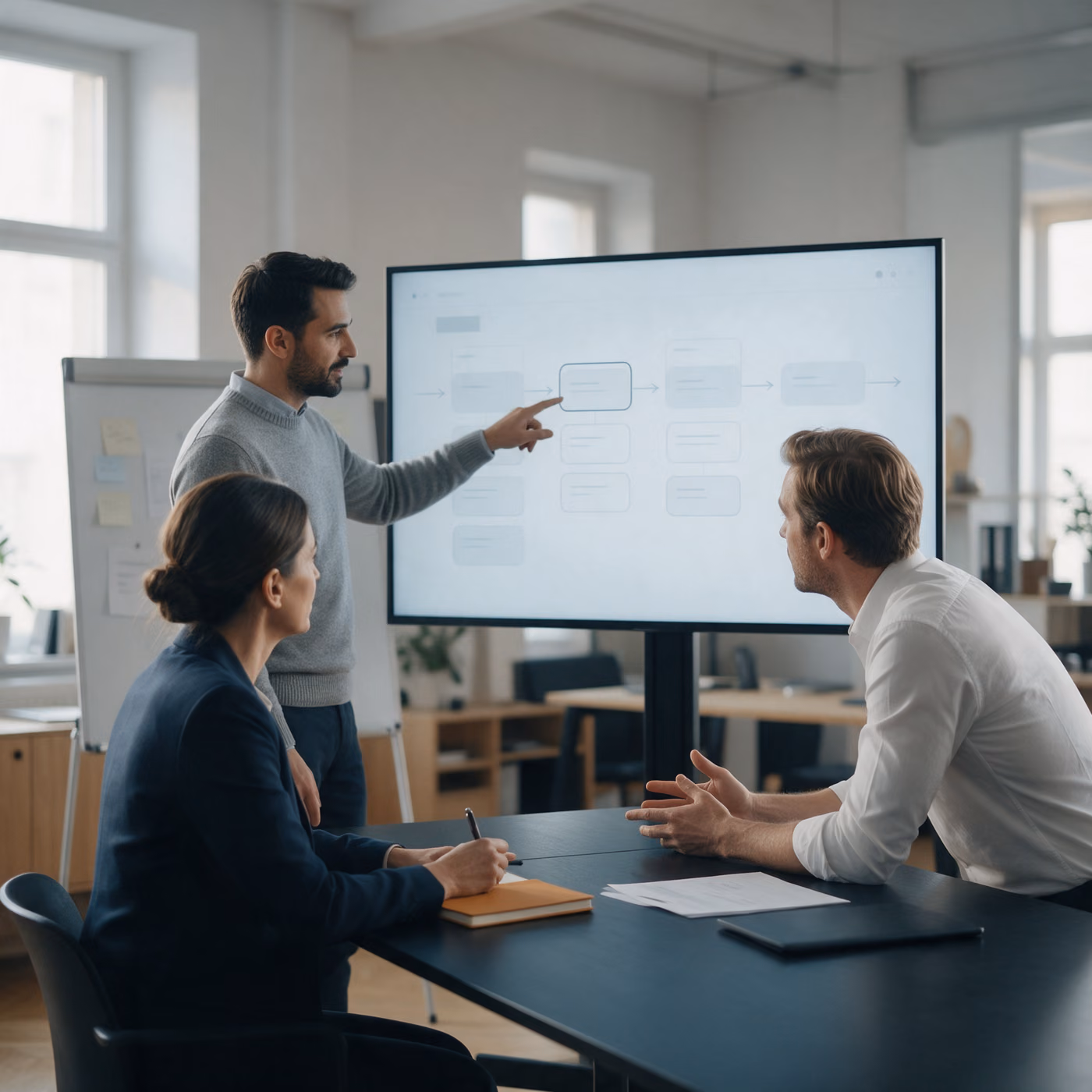 A consultant points at a roadmap of card columns on a large screen while a managing director and a finance lead listen at a dark table, a whiteboard with paper notes beside the screen.