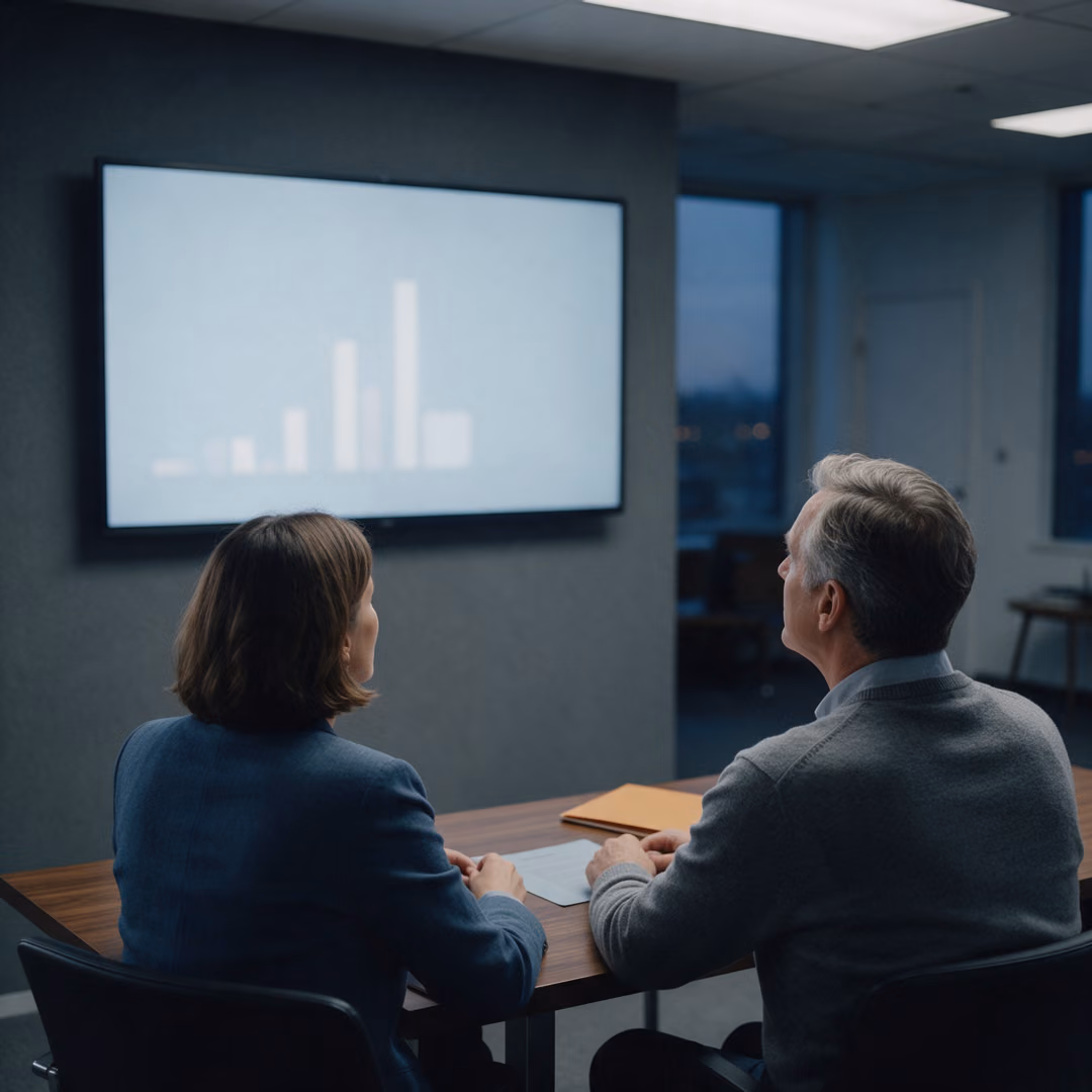 Two colleagues seen from behind sit at a meeting table and look up at a wall screen showing a blurred bar chart.