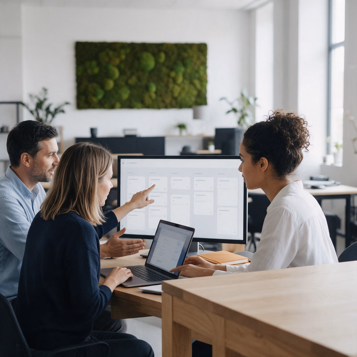 A woman points at a sales pipeline of card columns on a monitor while two colleagues at the oak table lean in, a moss panel on the white wall behind them.