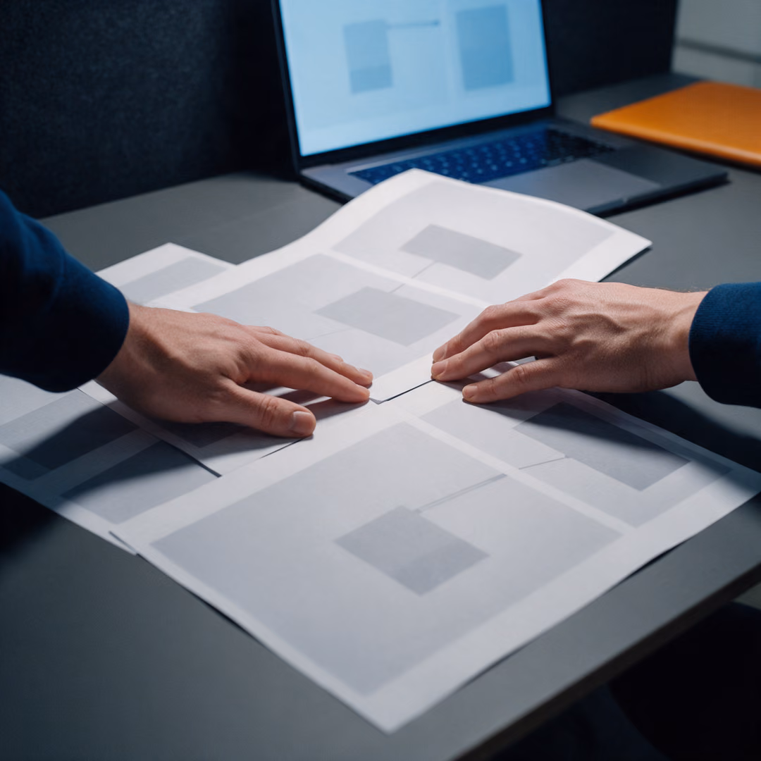 Two hands slide printed sheets edge to edge on a dark table in front of an open laptop after dark.