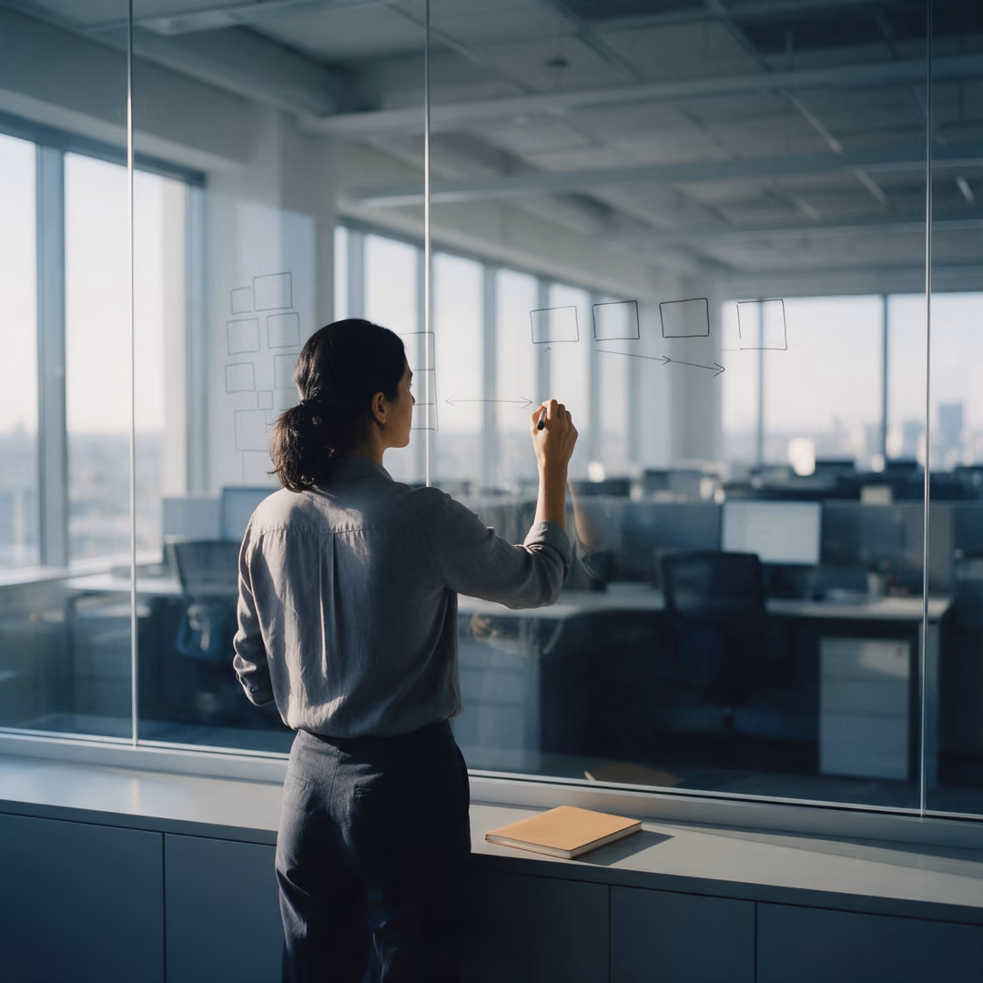 A woman seen from behind draws boxes and connecting lines on a glass wall with a marker, an open office visible beyond the glass.