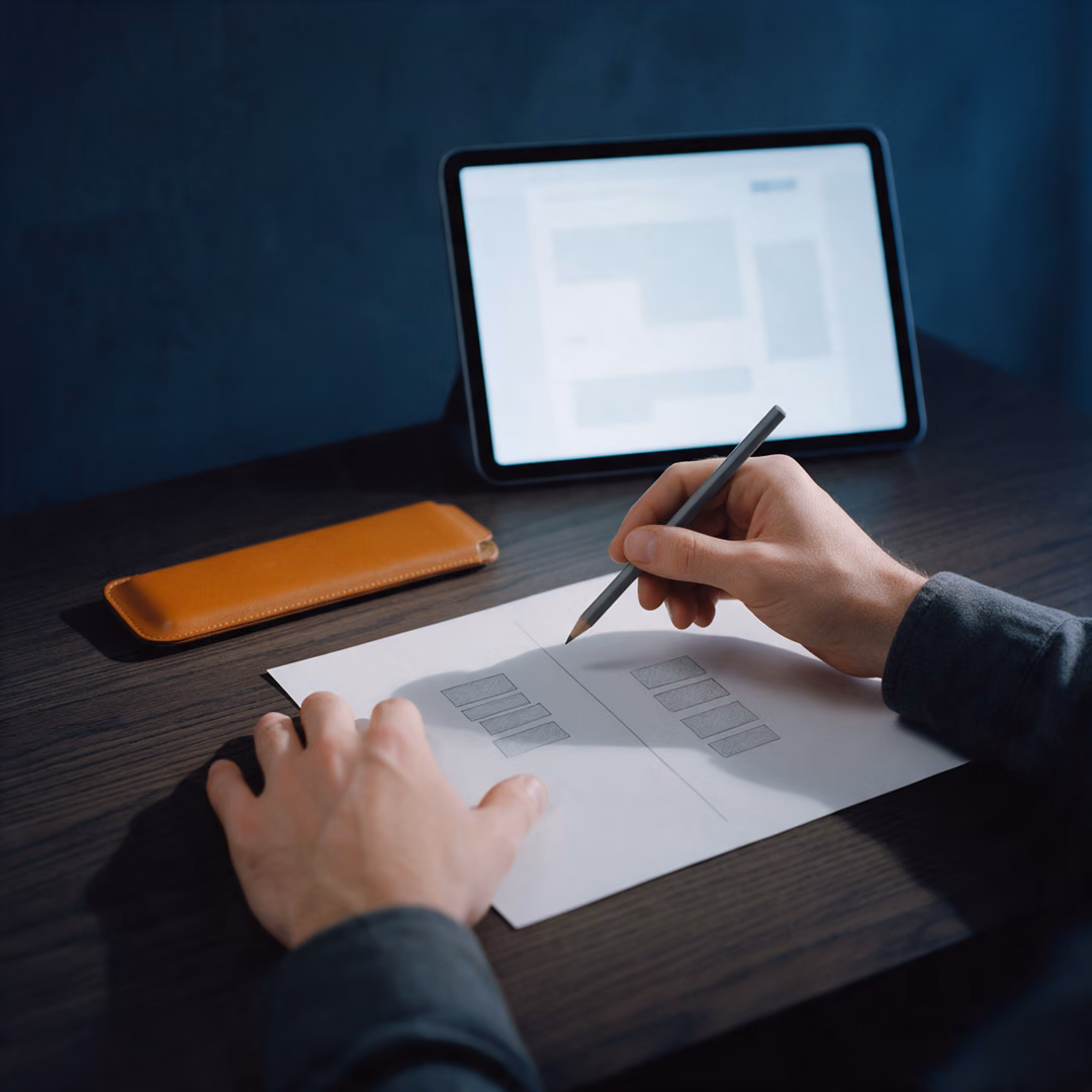 Two hands at a dark desk after dark, one holding a pencil over a sheet divided into two columns of small drawn rectangles, a tablet propped behind.