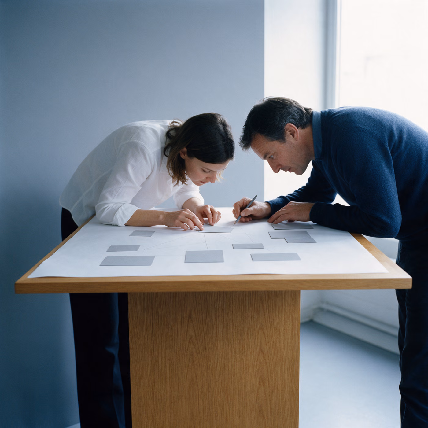 Two colleagues bend over a tall oak table where grey card rectangles lie arranged on a large sheet, one of them drawing a line with a pencil.