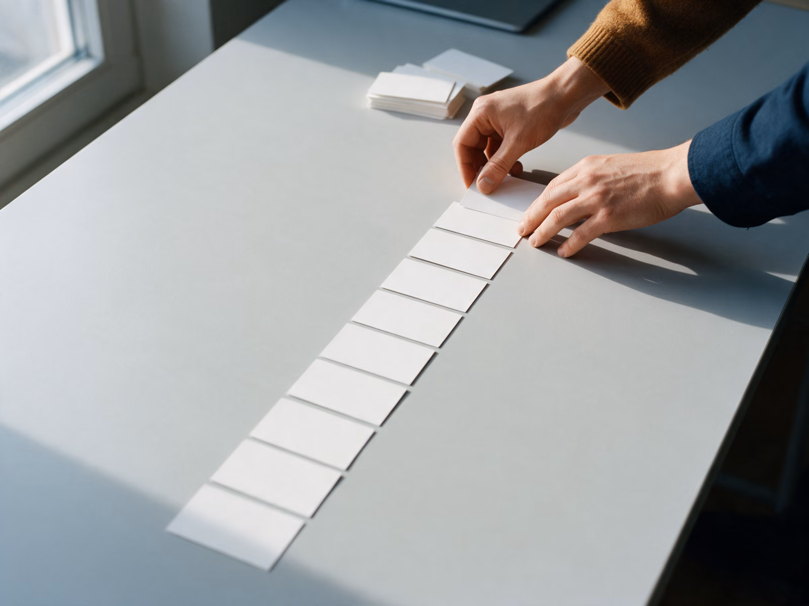 Two hands set blank white cards into a single long row on a pale grey table in window light.