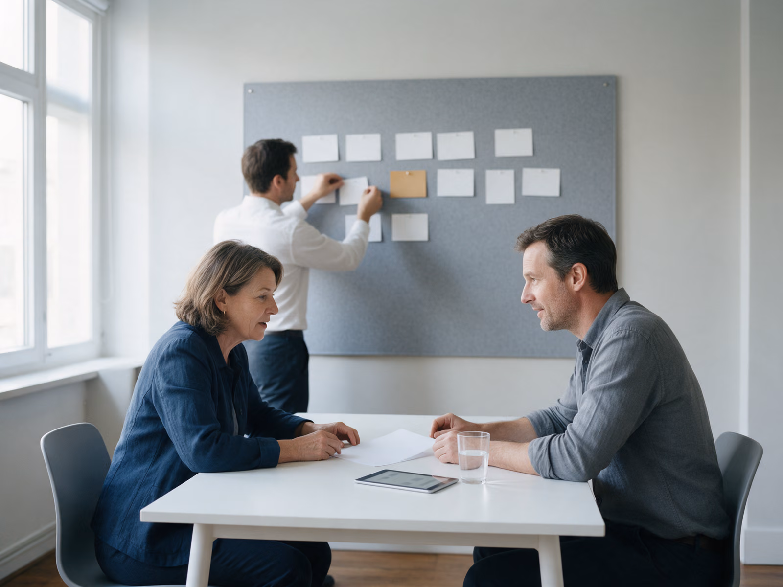 Two people sit across a white table with a sheet of paper and a tablet while a colleague pins blank cards to a grey felt board behind them.