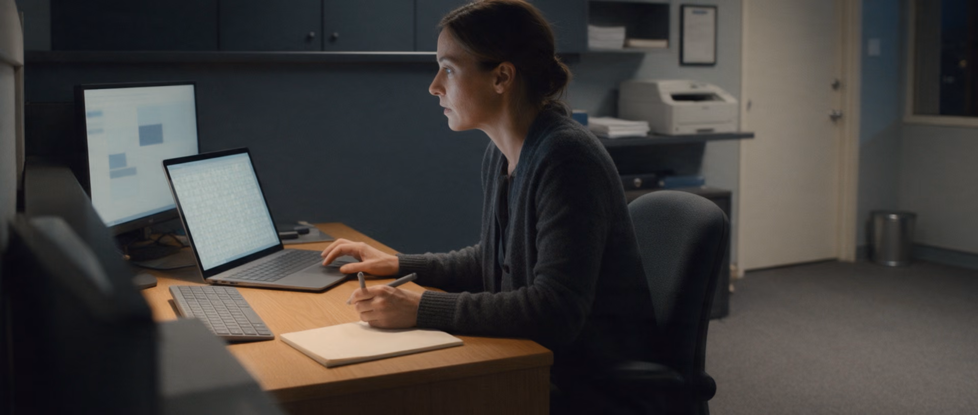 A woman works at a desk after dark by the light of a laptop and a monitor, a pen in her hand over a notepad.